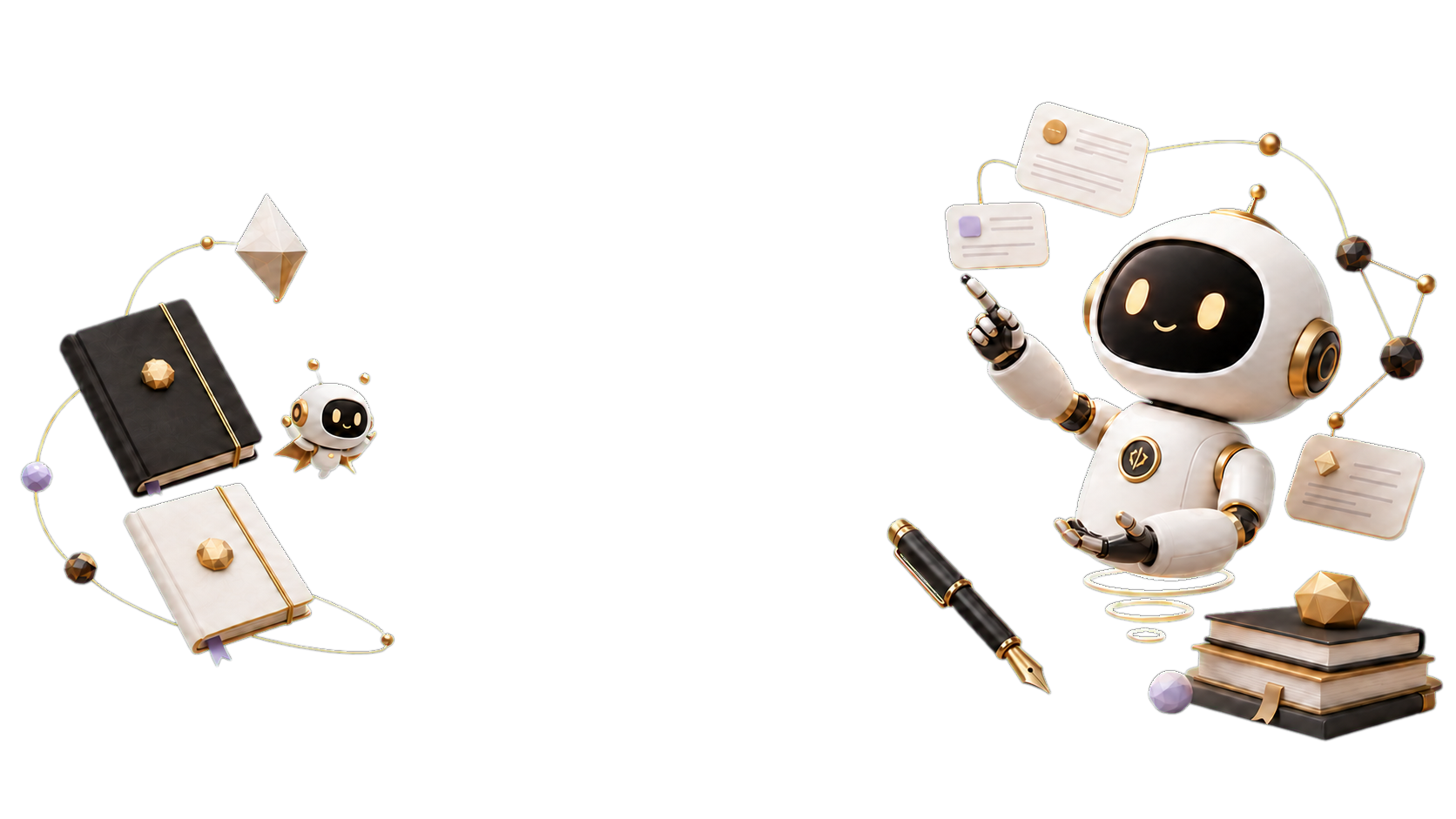 Glyphic robot guides, notebooks, and connected ideas