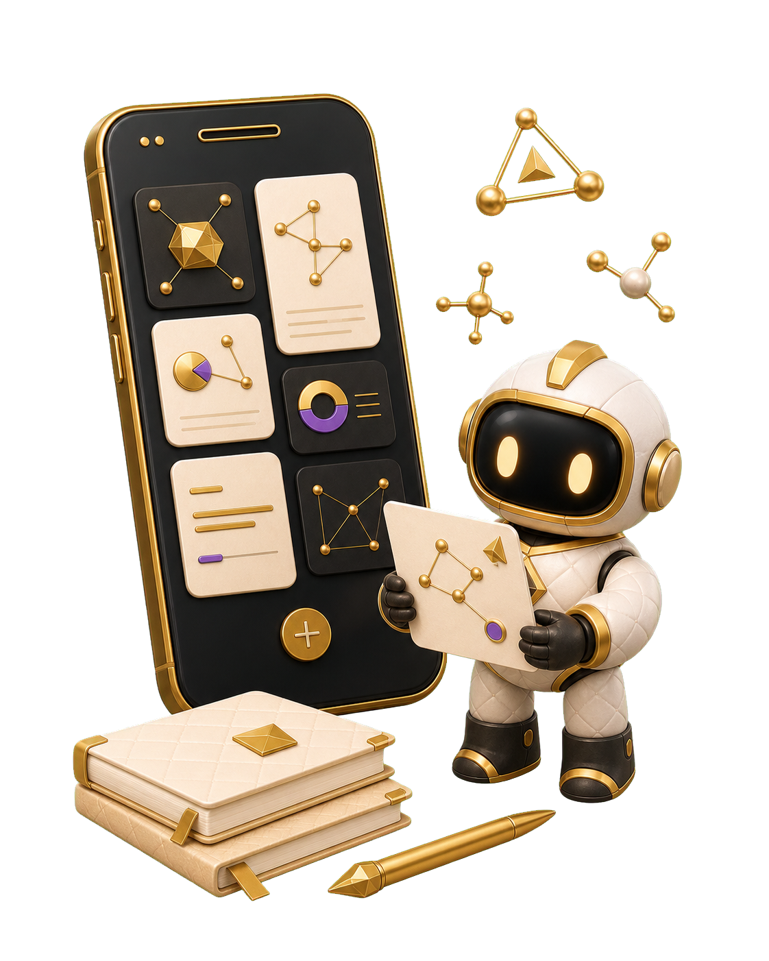 Glyphic mobile notebook cards with a robot guide and connected notes