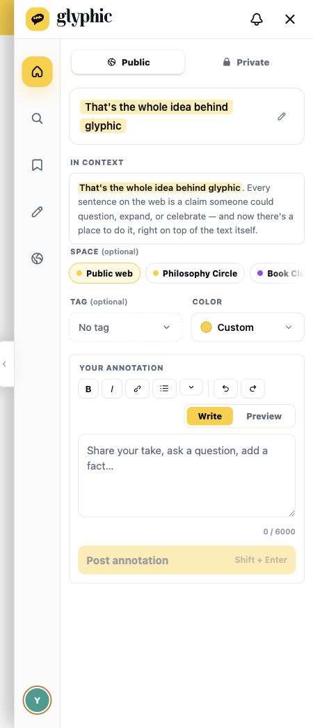 Glyphic annotation panel