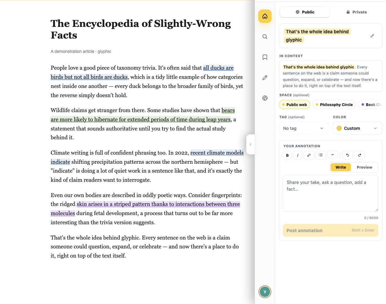 Glyphic browser annotation interface