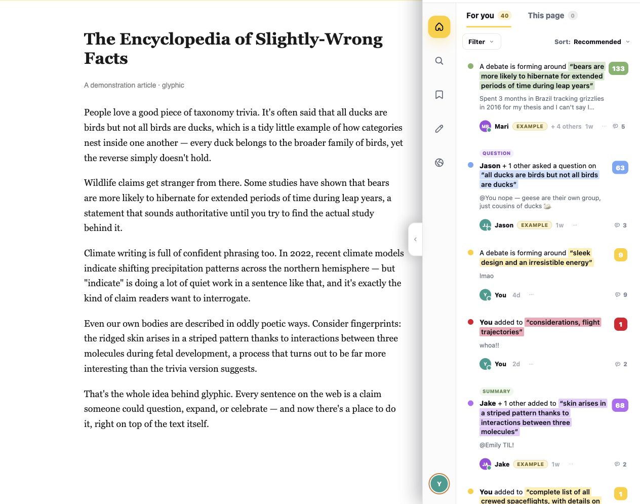 Glyphic annotation and knowledge graph interface
