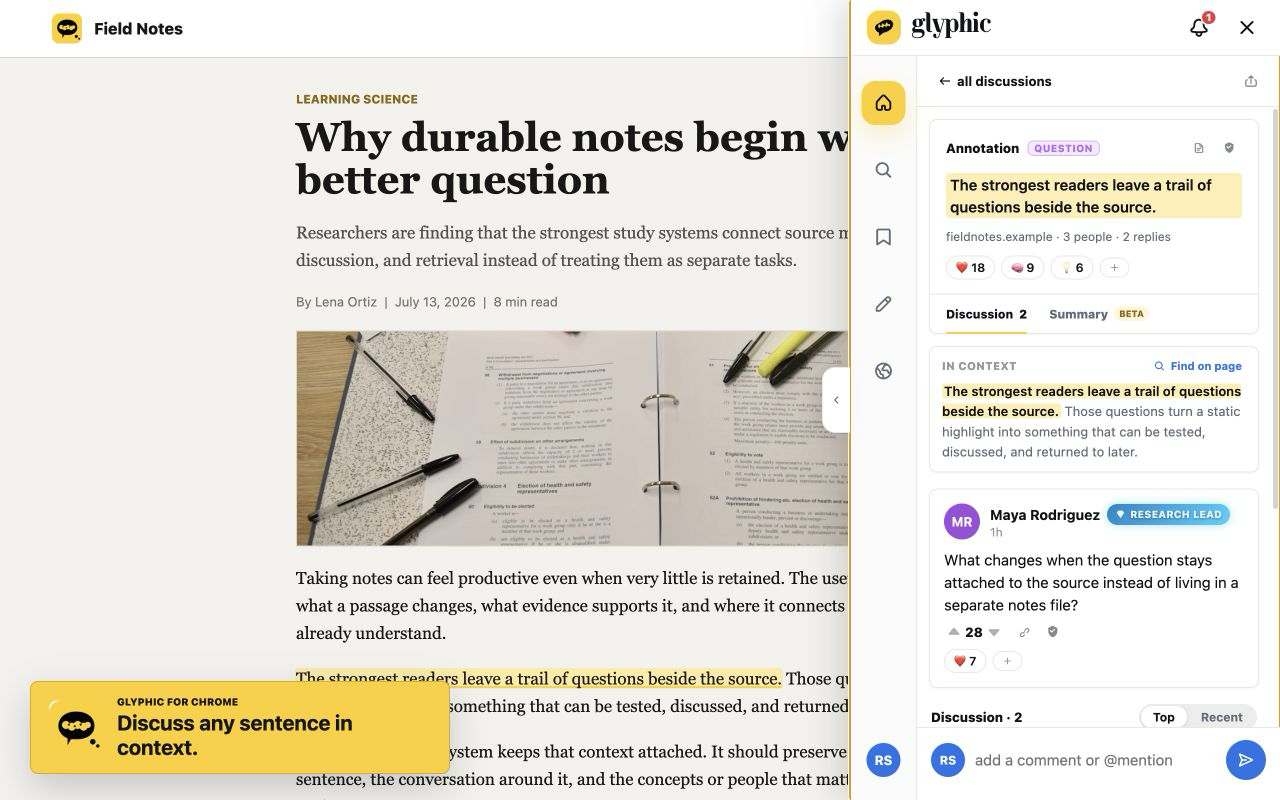 Glyphic discussion attached to a highlighted source