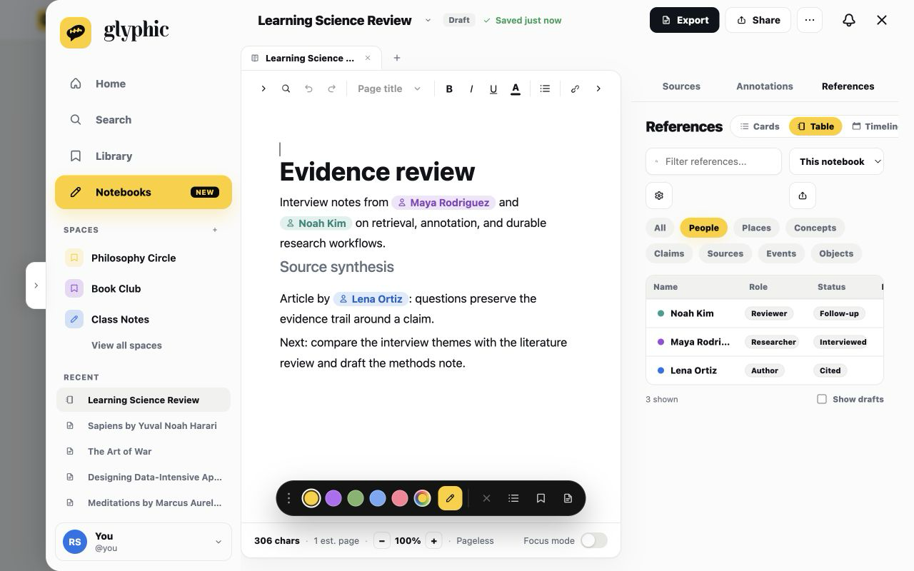 Glyphic notebook workspace with connected references